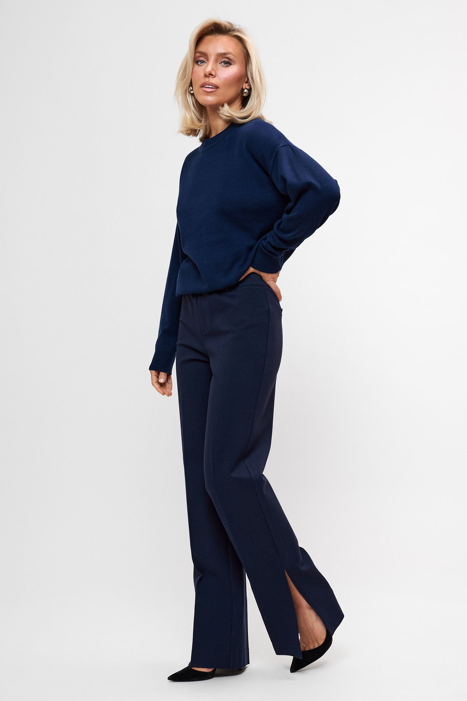 Comfy Straight Slit Suit Pants - Navy Sanne Alexandra Comfy Straight Slit Suit Pants - Navy Sanne Alexandra