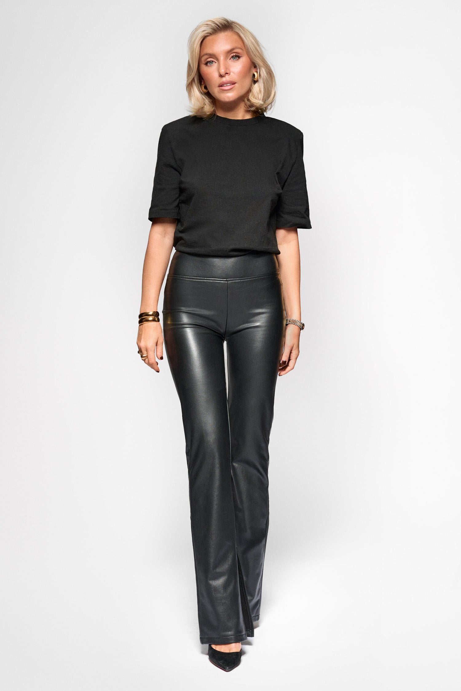 Faux Leather Slit Pants Black