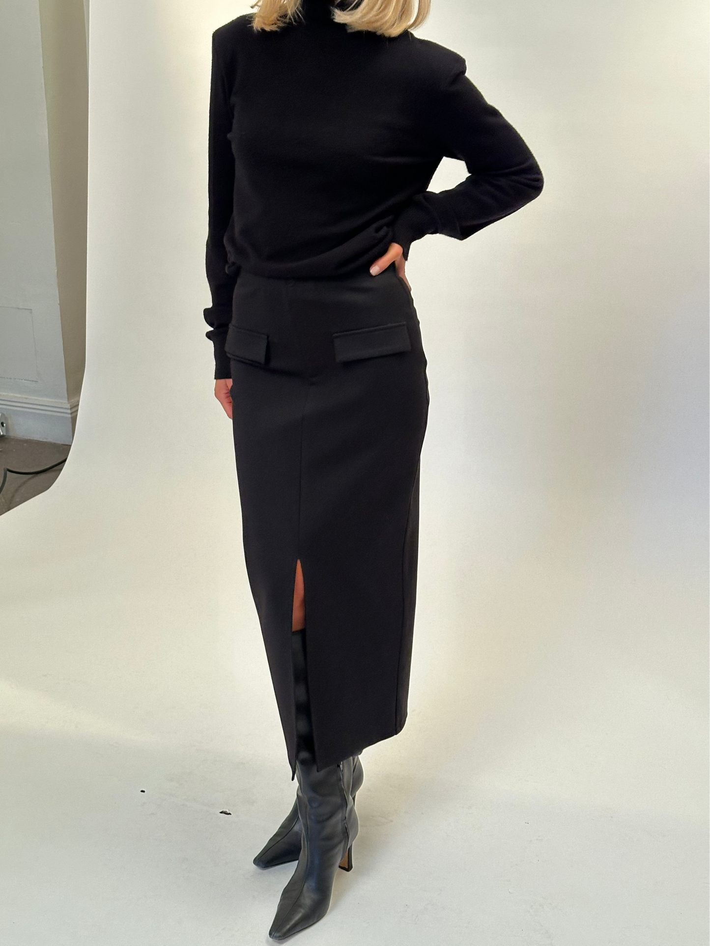 Comfy Front Slit Pencil Skirt - Black