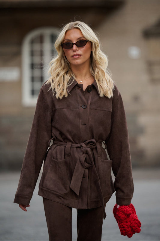 Faux Suede Wrap Jacket - Brown