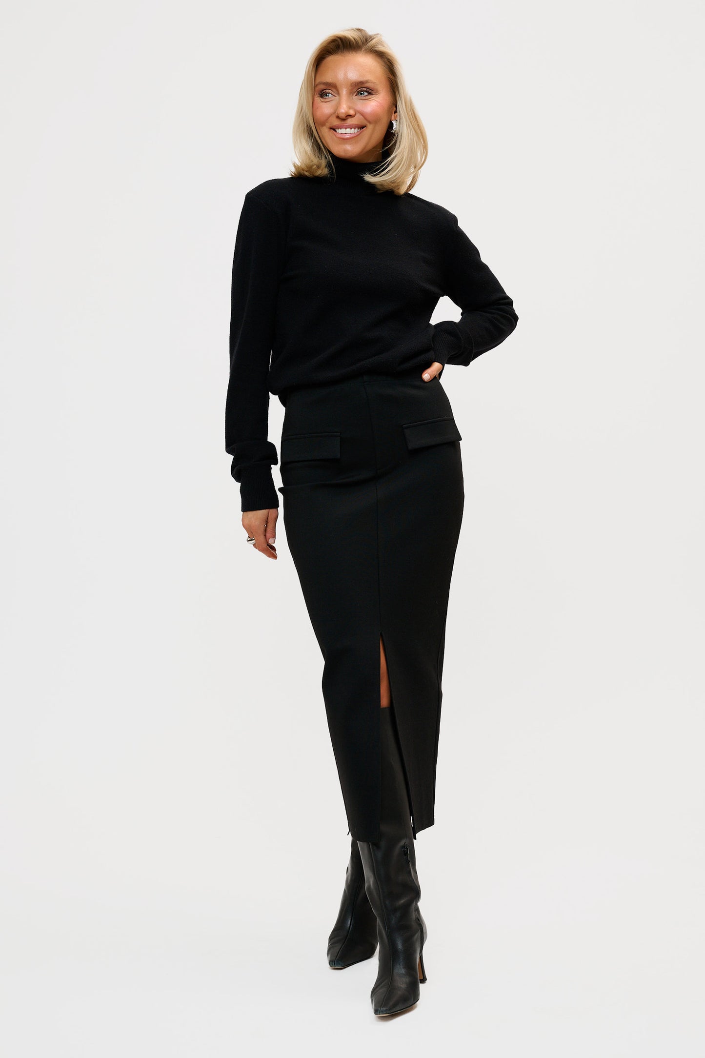 Comfy Front Slit Pencil Skirt - Black