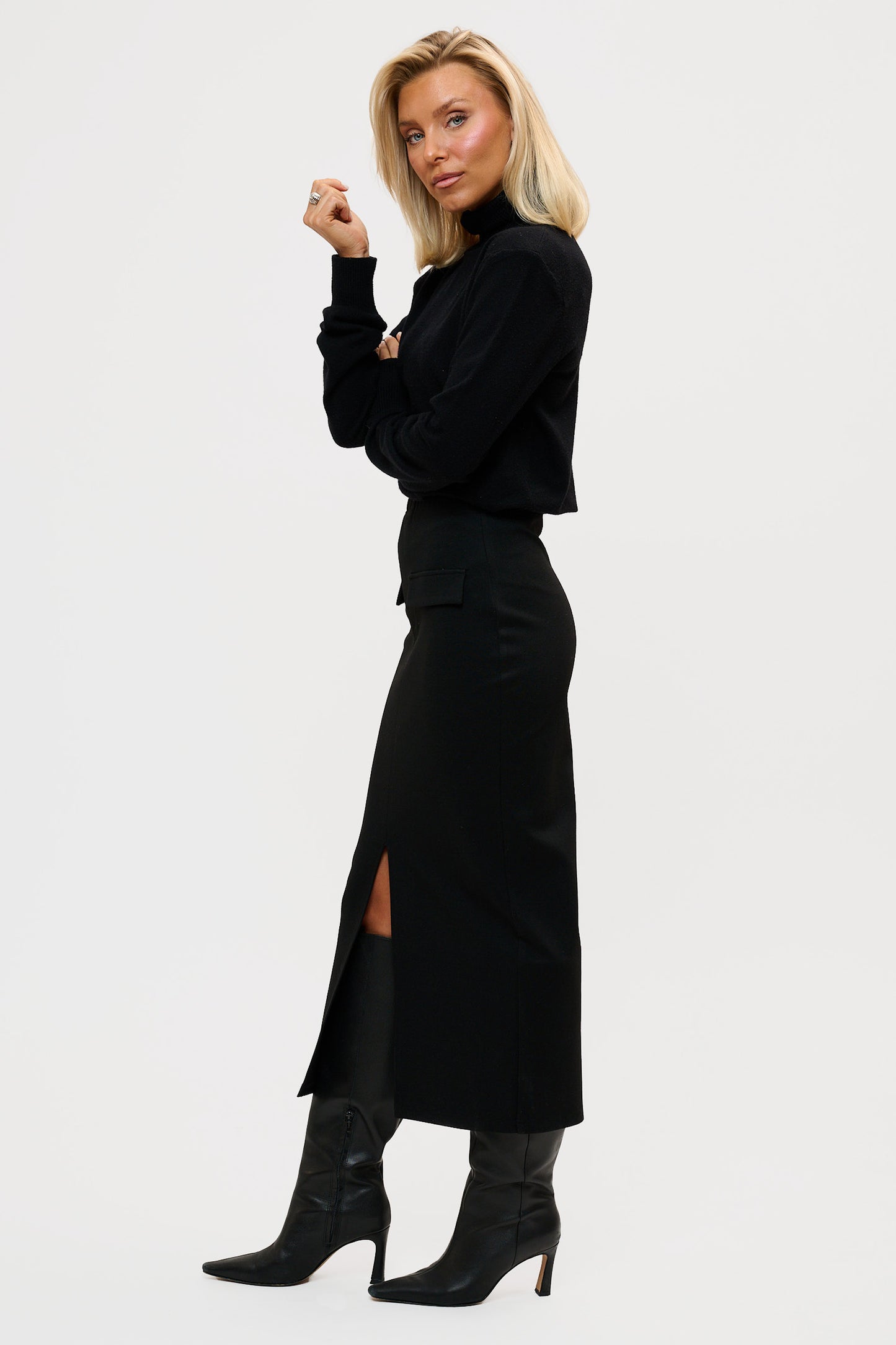 Comfy Front Slit Pencil Skirt - Black