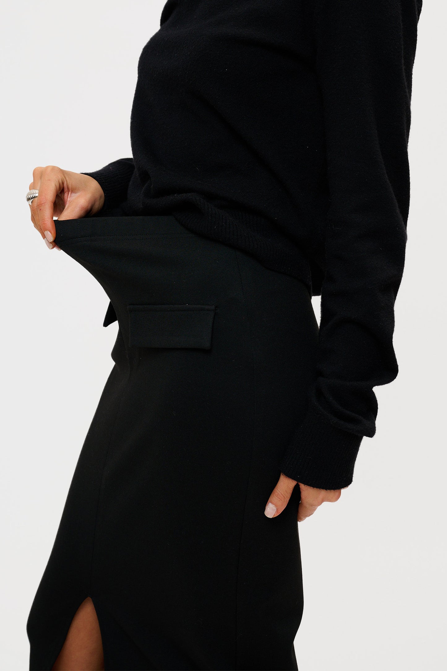 Comfy Front Slit Pencil Skirt - Black