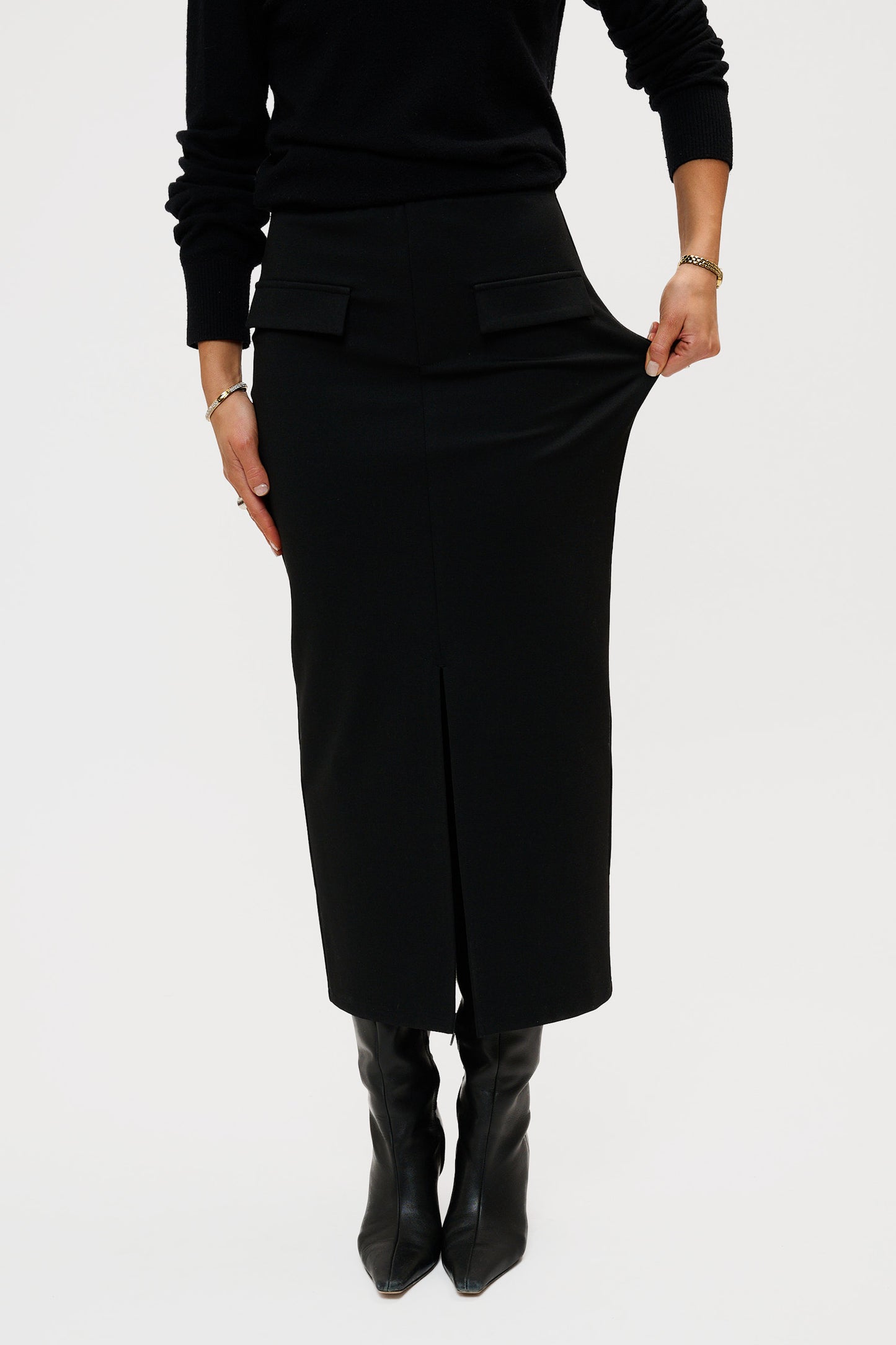 Comfy Front Slit Pencil Skirt - Black