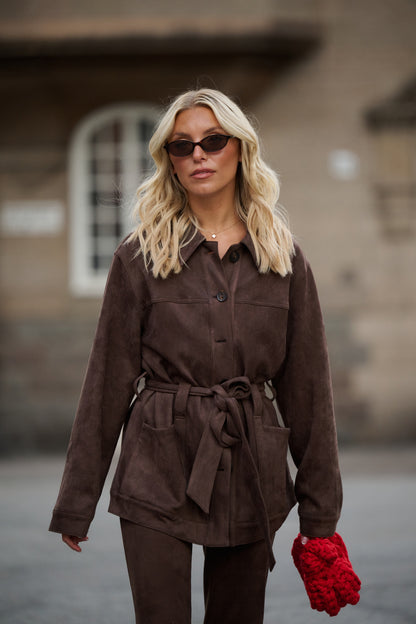 Faux Suede Wrap Jacket - Brown