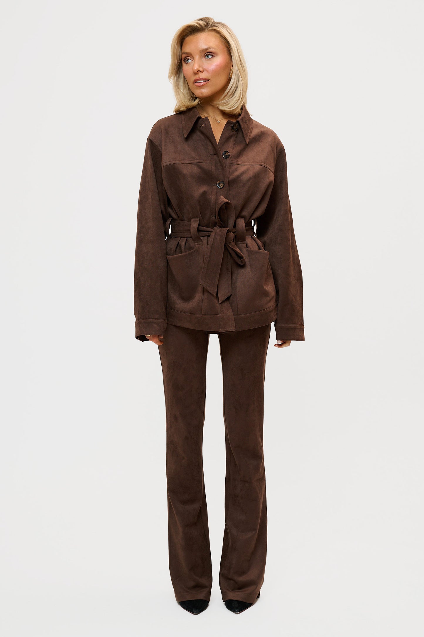 Faux Suede Wrap Jacket - Brown