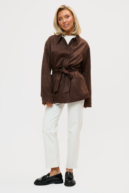 Faux Suede Wrap Jacket - Brown