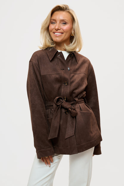 Faux Suede Wrap Jacket - Brown