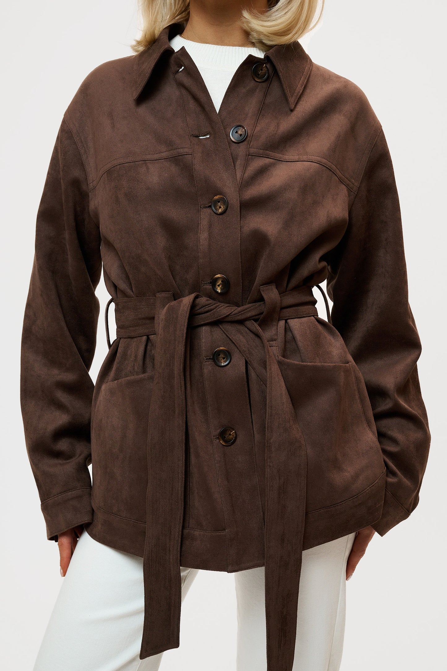 Faux Suede Wrap Jacket - Brown