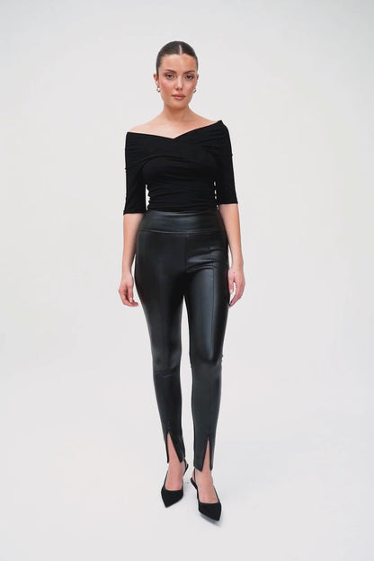 Faux Leather Front Zip Leggings - Black